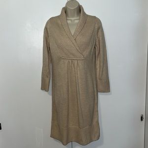H&M Knit Sweater Dress w “Wrap” Neck Shawl Collar 3/4 Sleeves Tan Women’s M